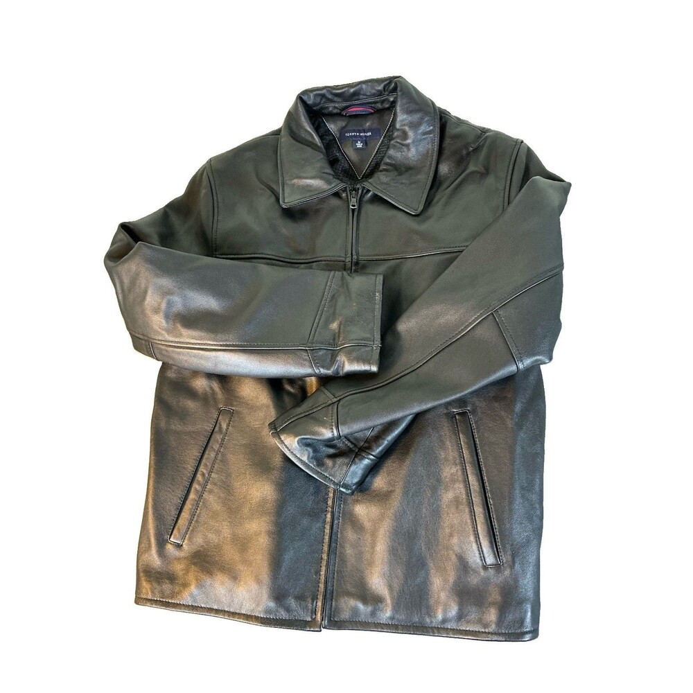 Tommy Hilfiger Black Leather Bomber Jacket Mens M Medium Coat Herringbone Quilt
